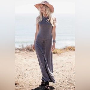 Nomads Hemp Wear Thalia Dress, Charcoal Gray Maxi Dress with Belt & Metal Ring